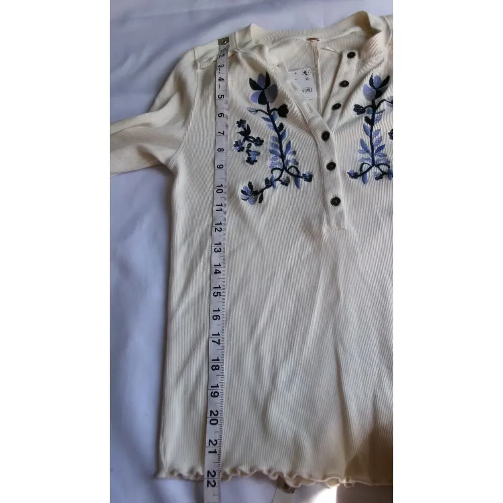 NWT Free People Embroidered Henley Top M Ivory Blue Floral Long Sleeve